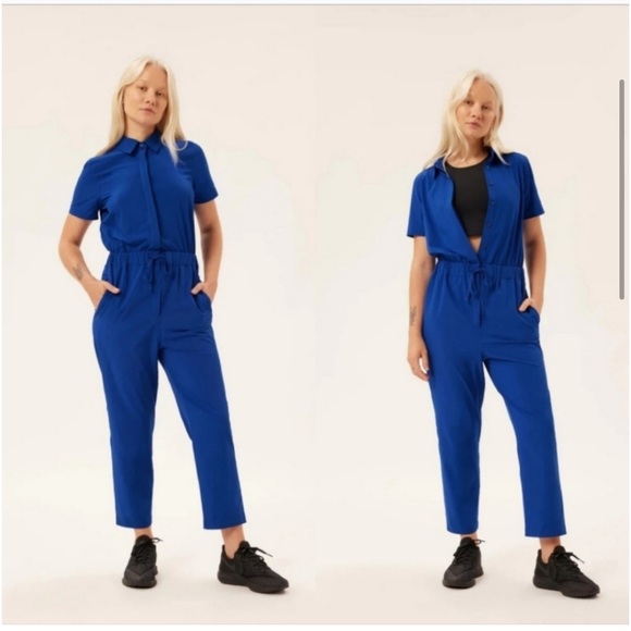 Girlfriend Collective Sz L Varsity Stretch Woven Jumpsuit Button Up Blue - Picture 1 of 10